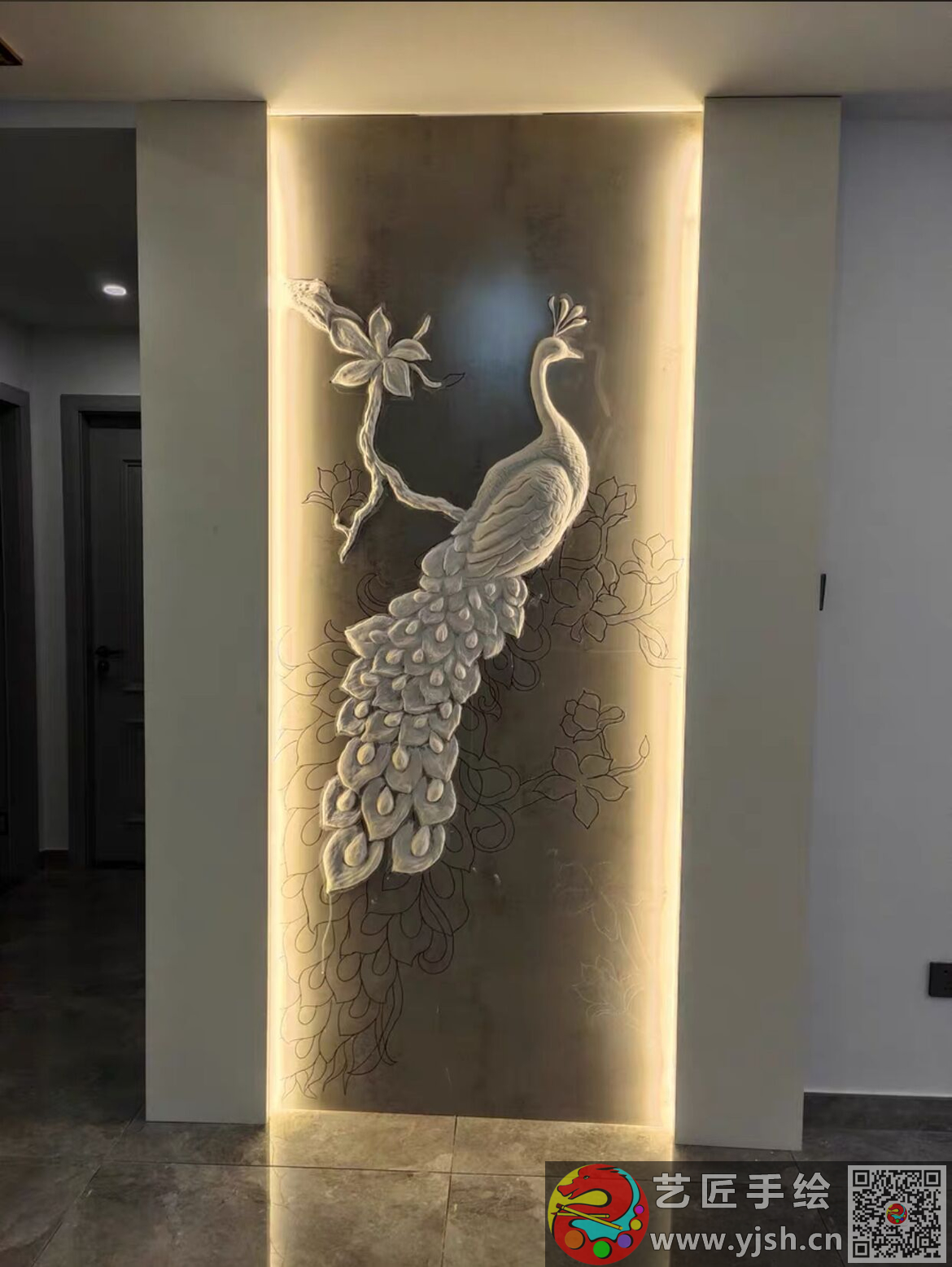 浮雕壁畫,墻體浮雕彩繪,孔雀